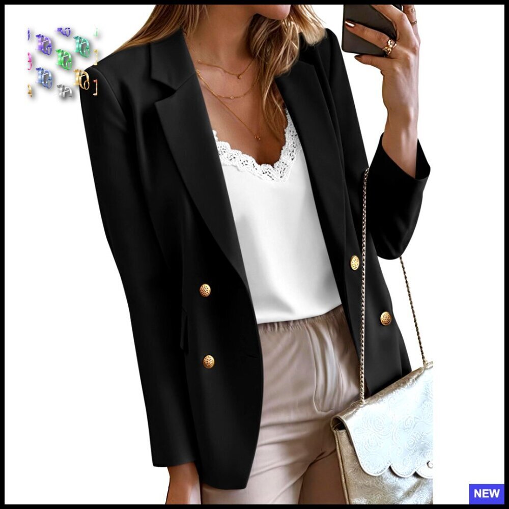Oversized Double Breasted Blazer Notch Lapel Gold Buttons Work Casual Chic
